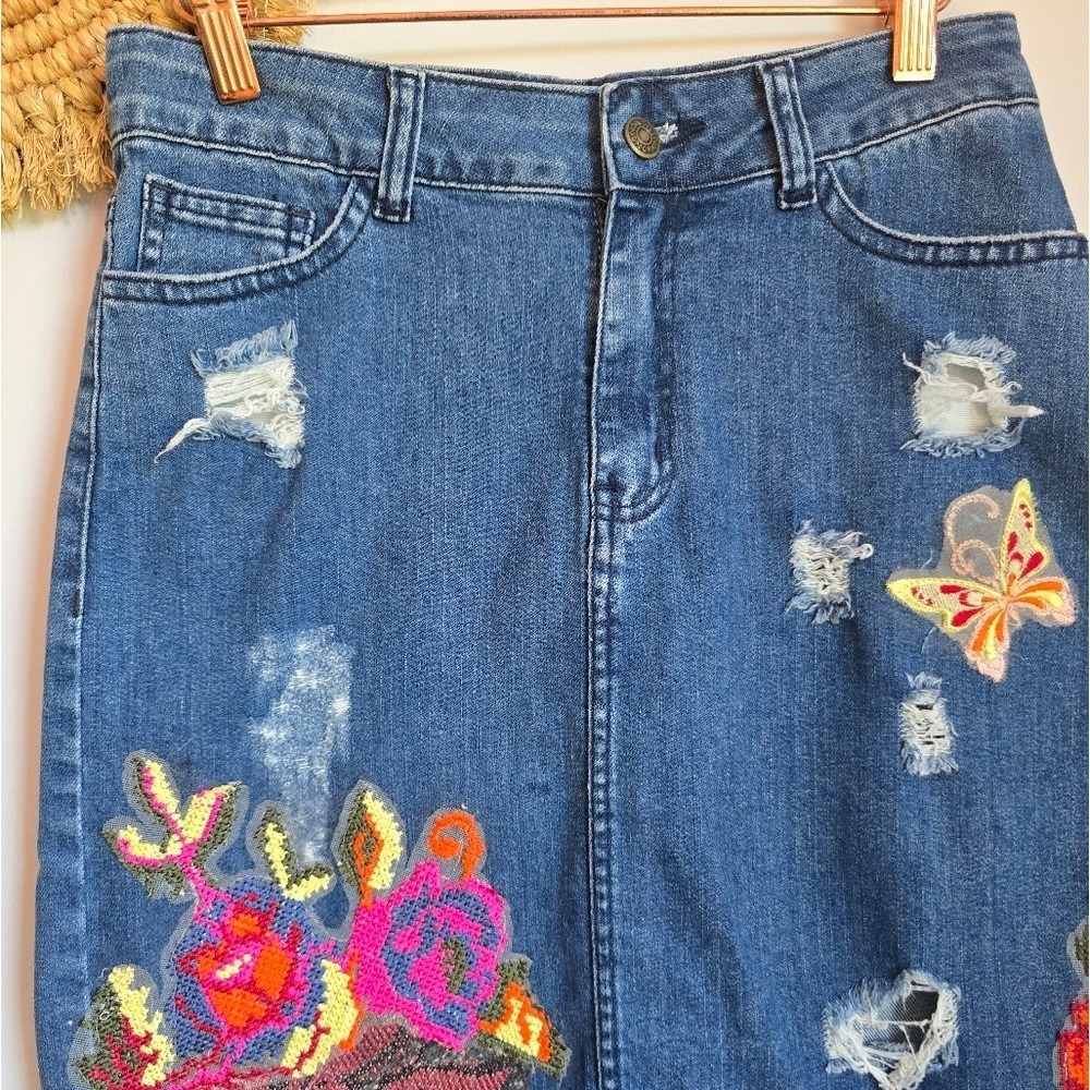 Anthropologie NEW Cecilia Prado Gardeners Denim Embroidered Jean Skirt SZ Small - Picture 6 of 13
